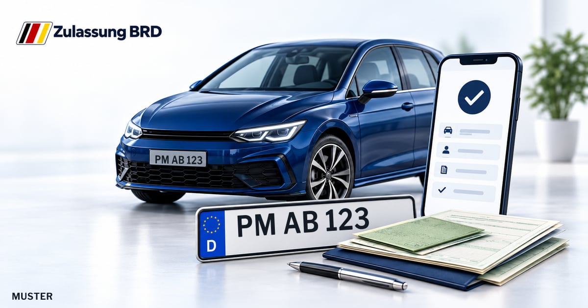 Online Fahrzeugzulassung in Michendorf: Musterkennzeichen PM AB 123, Auto und Fahrzeugpapiere und Smartphone. Illustration mit Logo von Zulassung BRD.